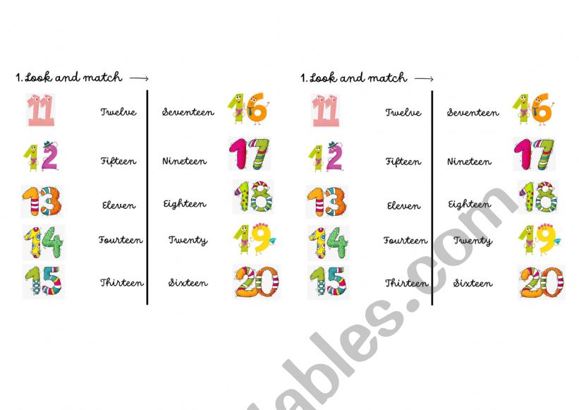 Numbers 11 to 20 - ESL worksheet by lucymarzioni