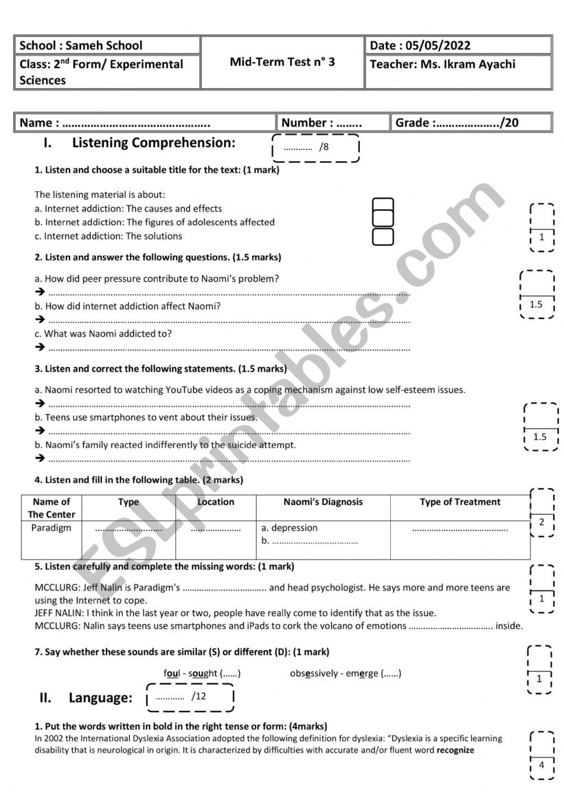 2nd-form-experimental-sciences-mid-term-test-n-3-esl-worksheet