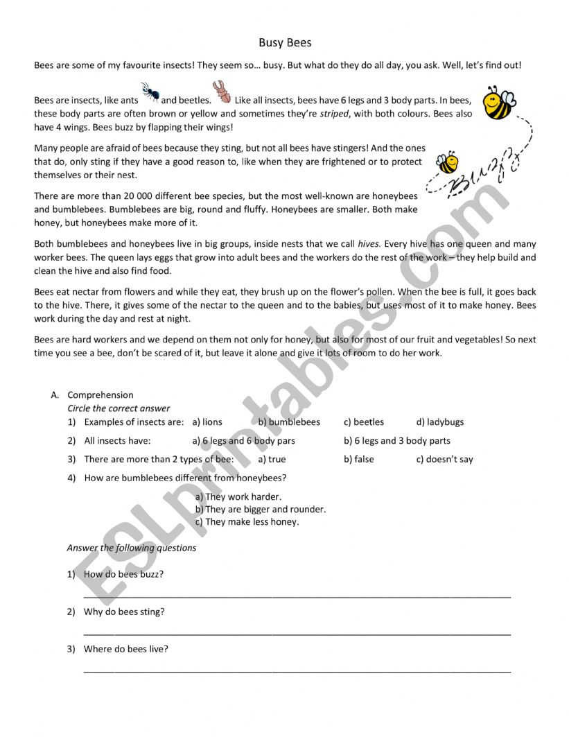 On Bees Esl Worksheet By Oopswhat
