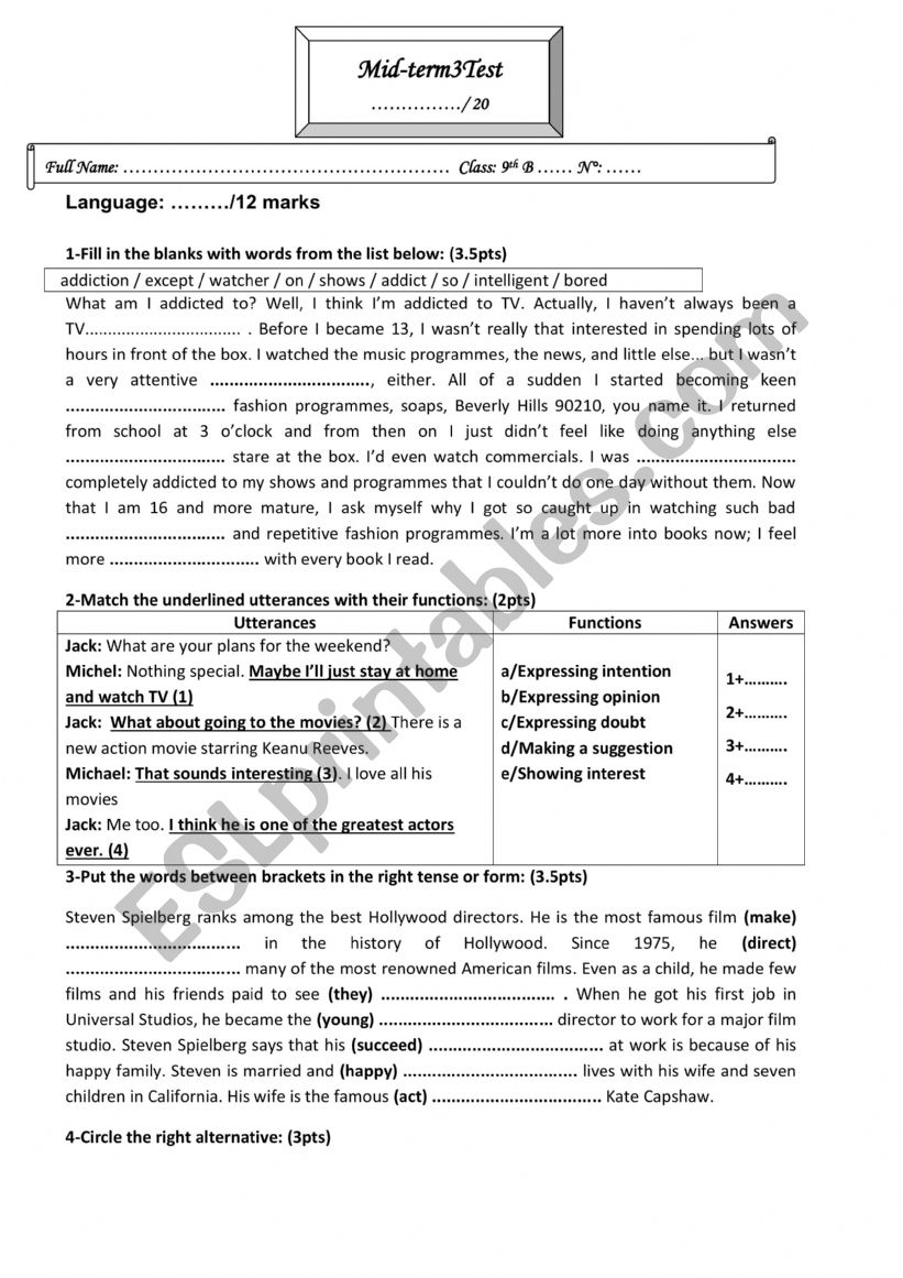 9th mid-term3 test  worksheet