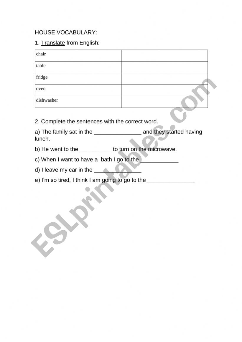 Home vocabulary worksheet  worksheet