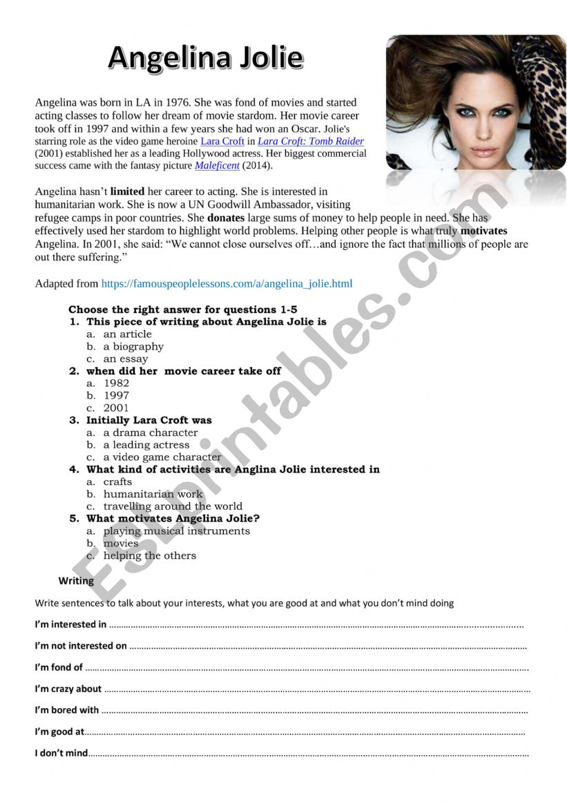 Angelina Jolie worksheet