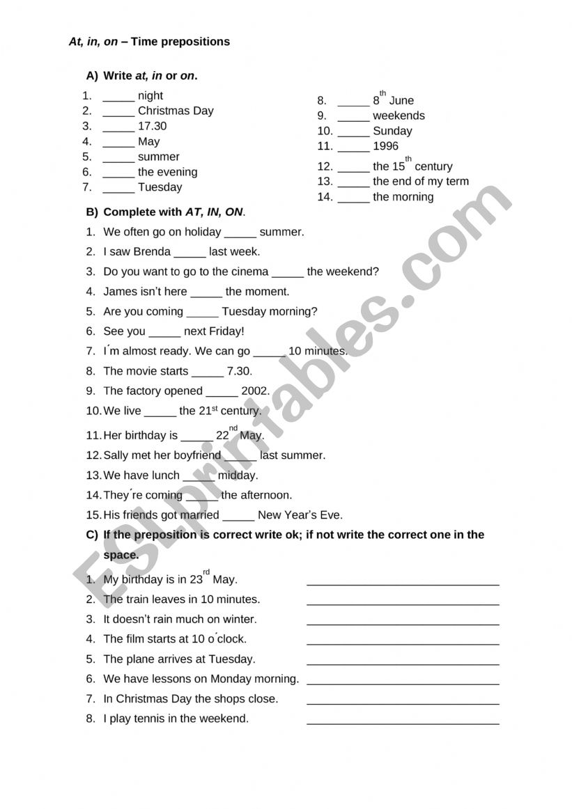 In, On and At - Prepositions of Time