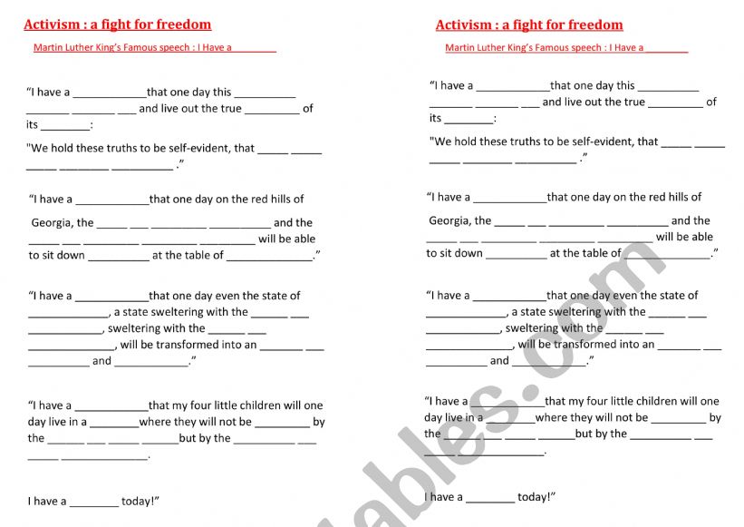 Martin Luther King I have a dream speech ESL worksheet by Miss K