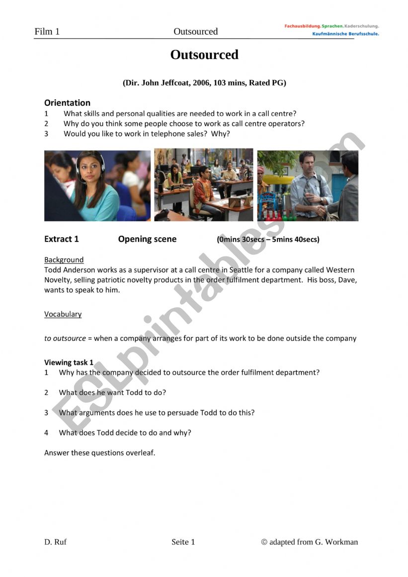 Outsourced worksheet for the film by John  Jeffcoat