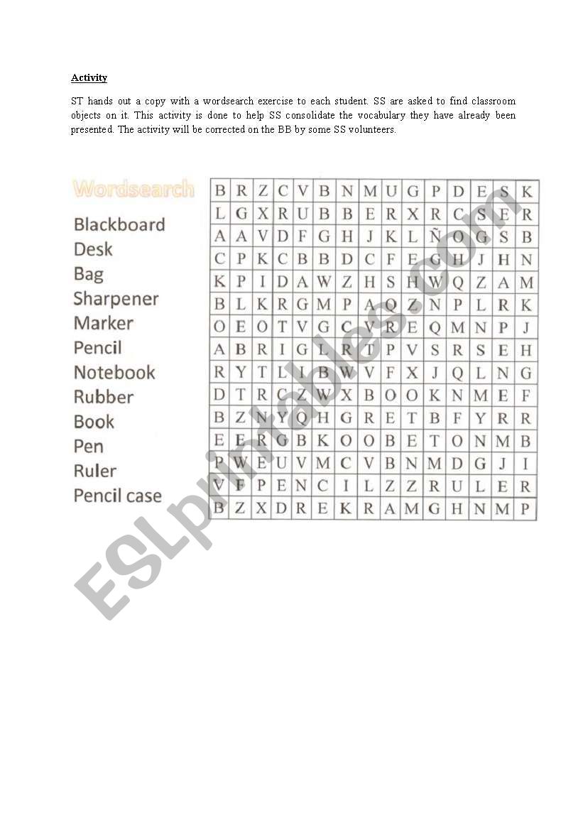 Wordsearch Exercise School Objects
