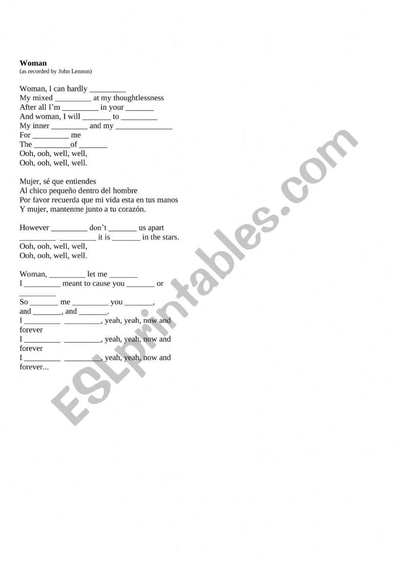 English worksheets: John Lennon Woman Song Worksheet