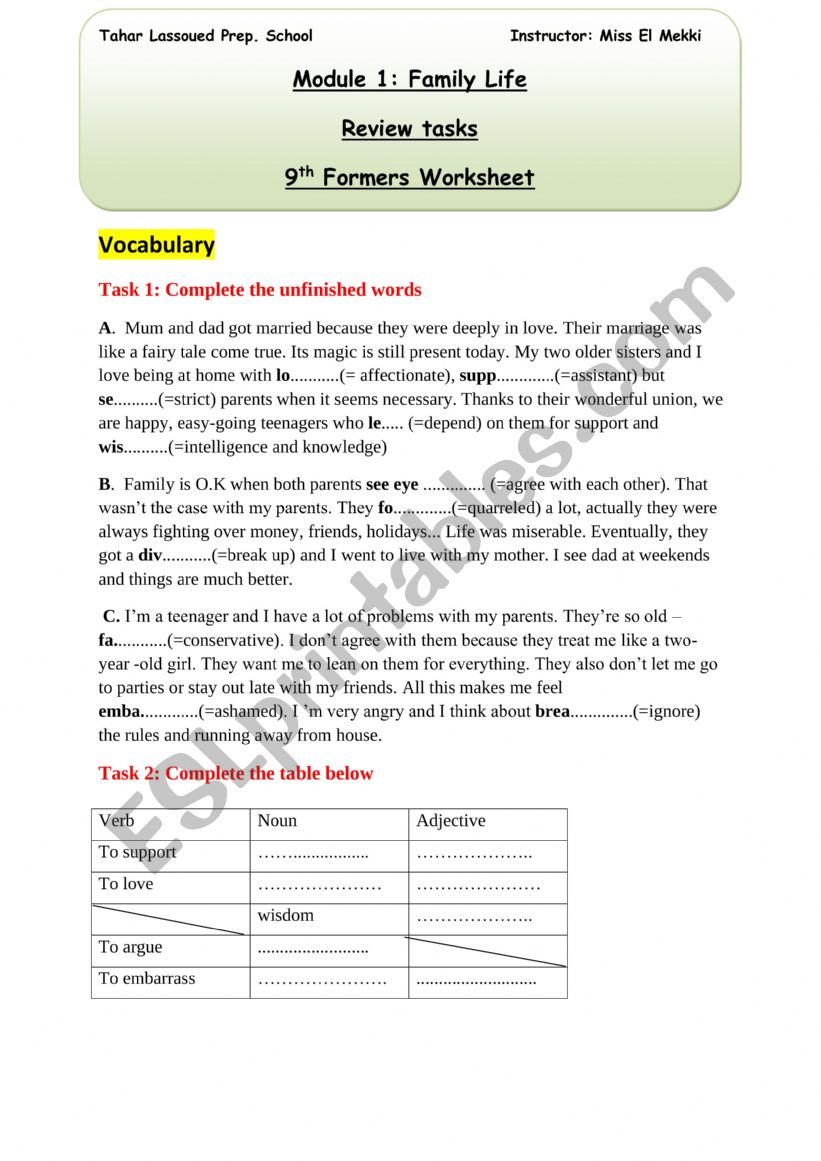 9th form consolidation tasks worksheet