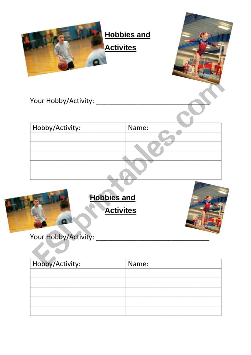 Hobbies and activites worksheet