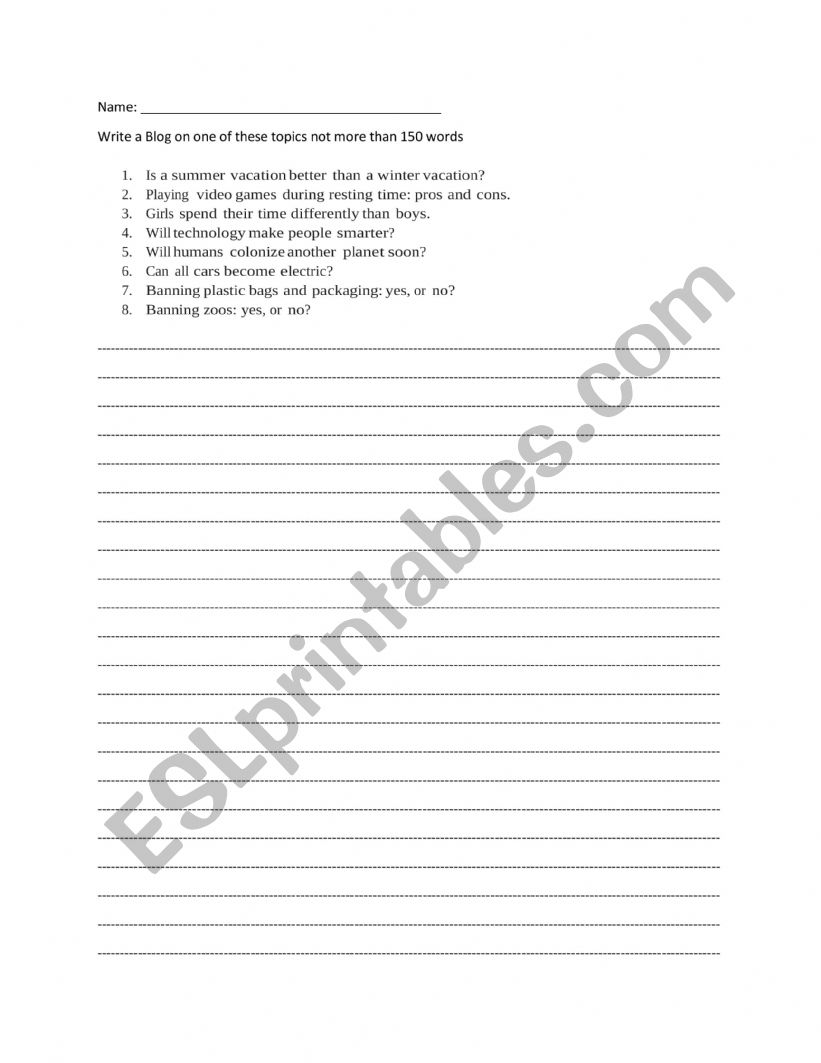 Blog Writing worksheet