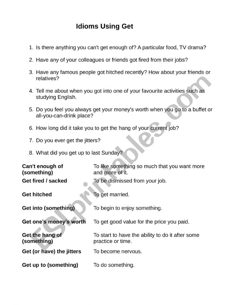 Idioms using get worksheet