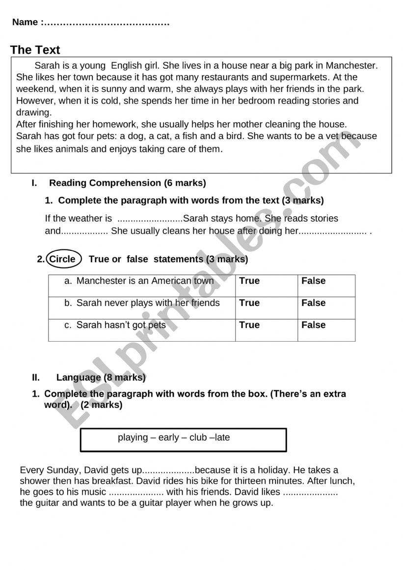 English 6th form Test  worksheet