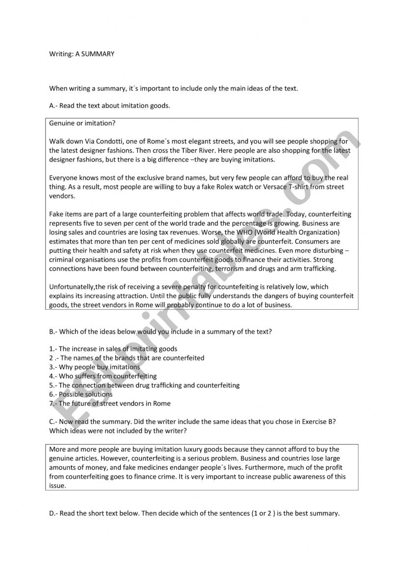 Writing a summary worksheet