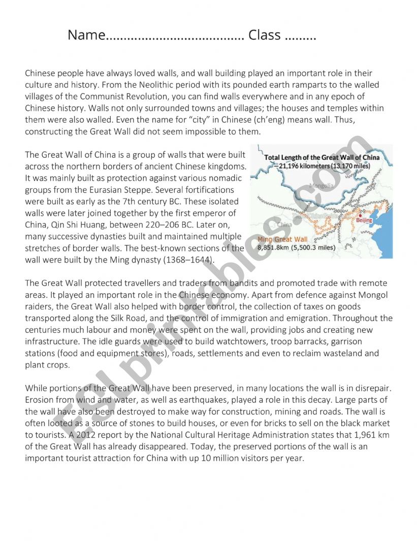 Reading Strategy - Great Wall of China Worksheet
