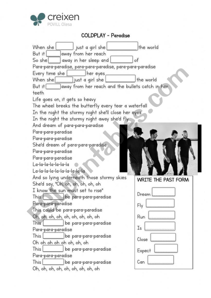 Paradise - Coldplay song and nursery…: English ESL worksheets pdf