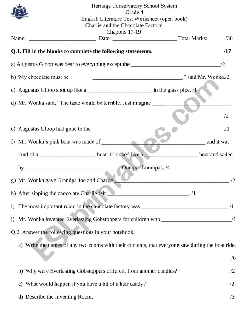 Charlie and the CHocolate factory quiz chapter 17-19