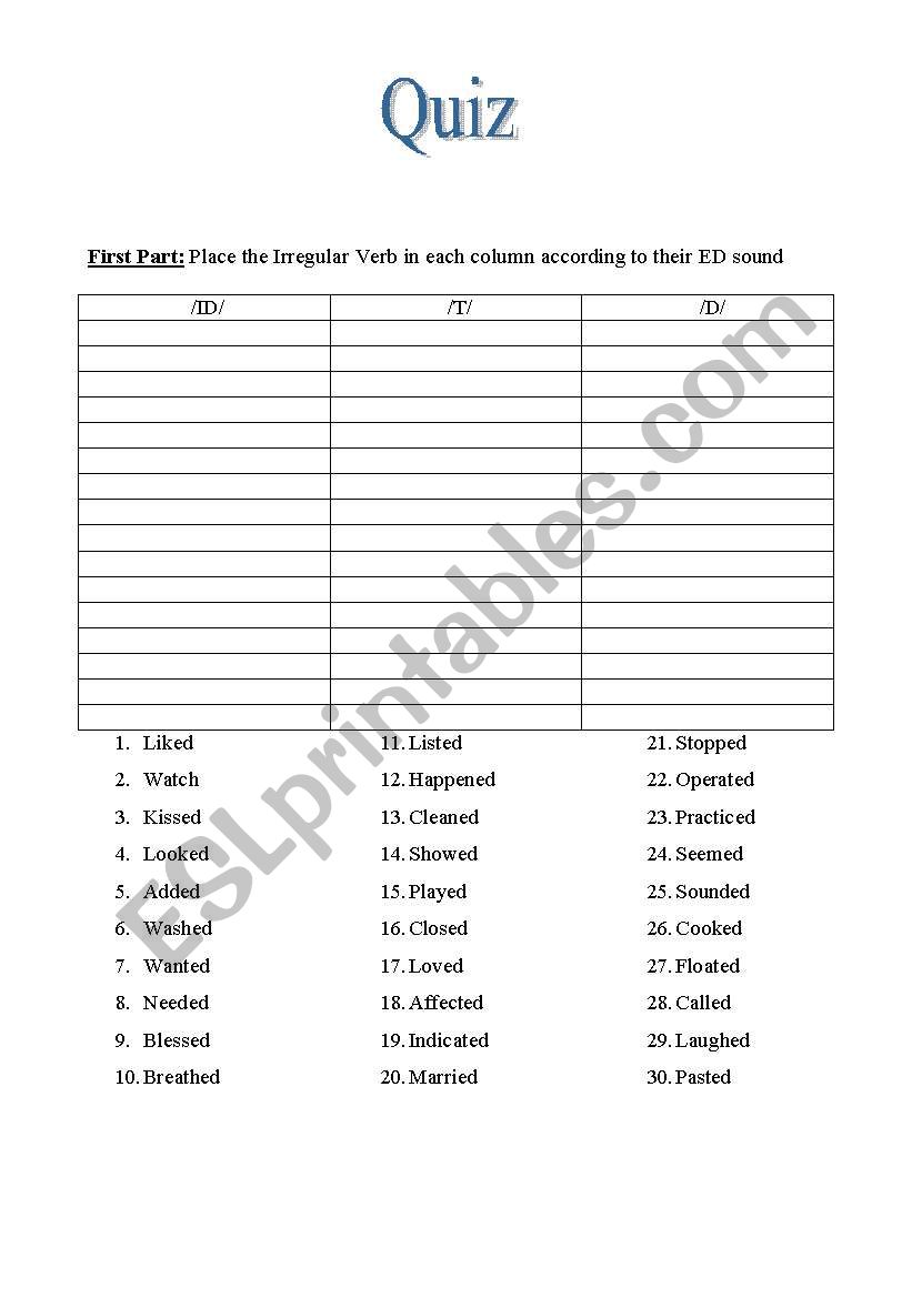 irregular verbs quiz worksheet
