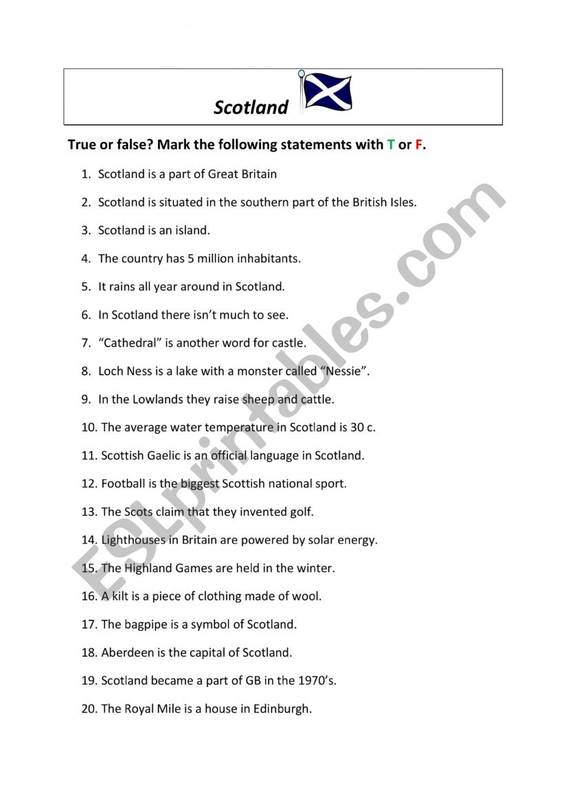 True or false - Scotland worksheet