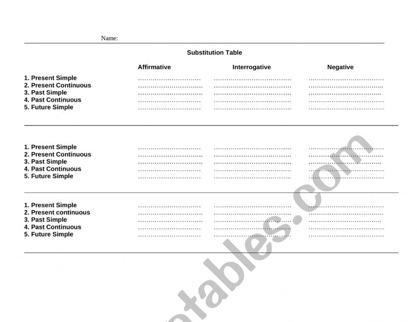 5 tenses Substitution Table worksheet