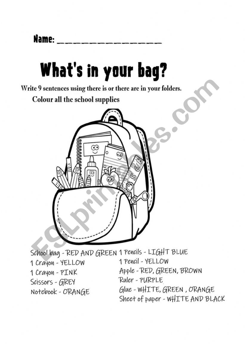 school supplies worksheet