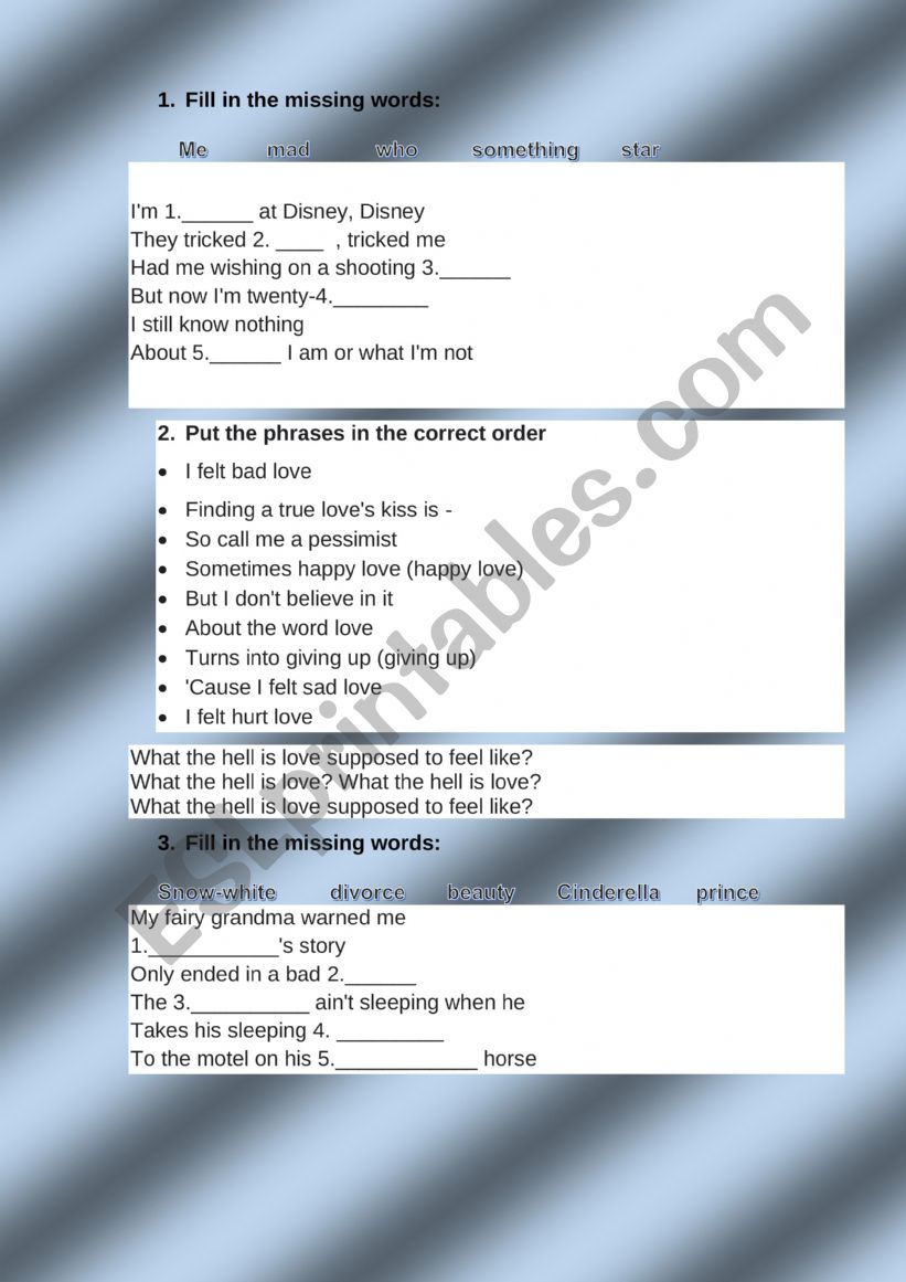 Mad at Disney song worksheet worksheet