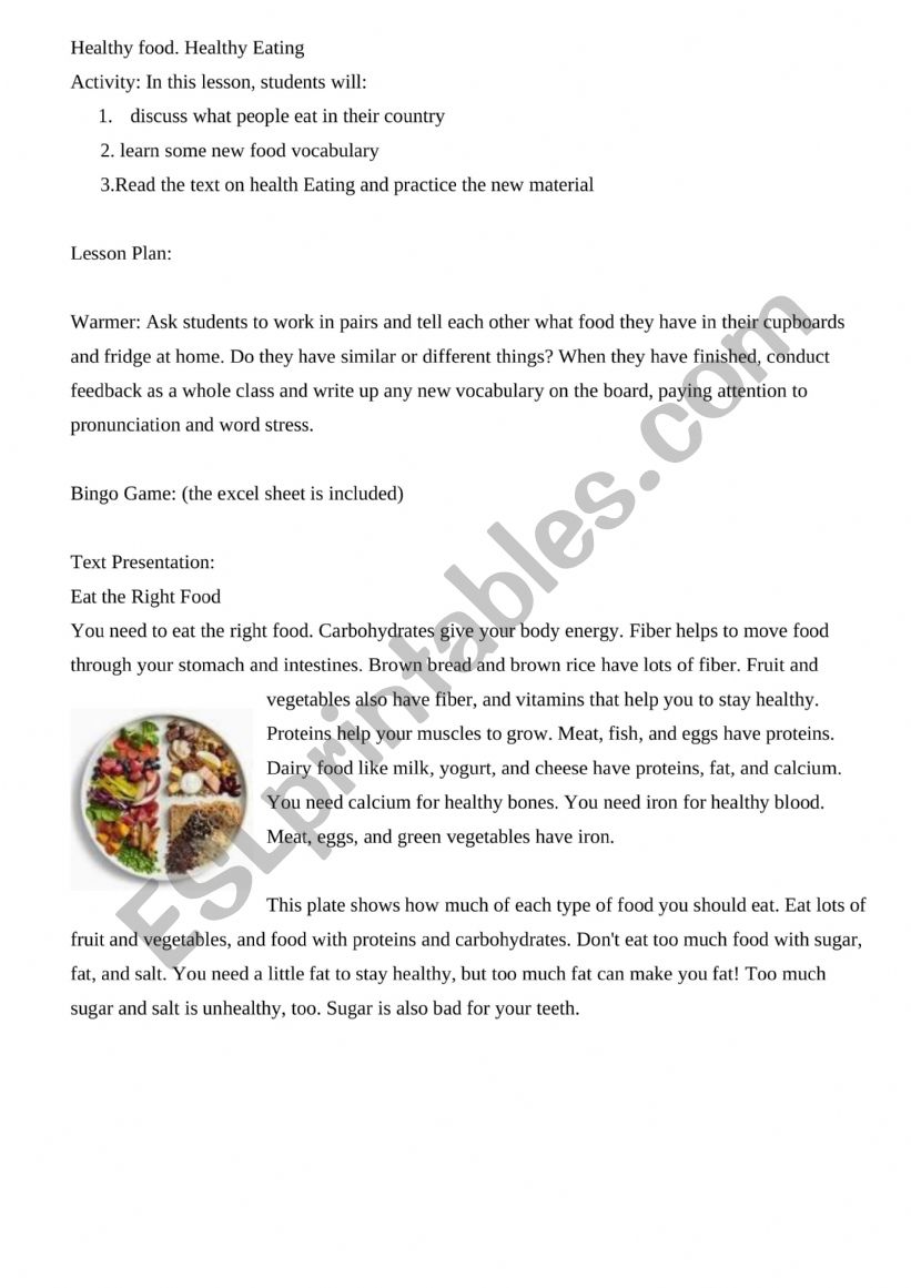 healthy eating  worksheet