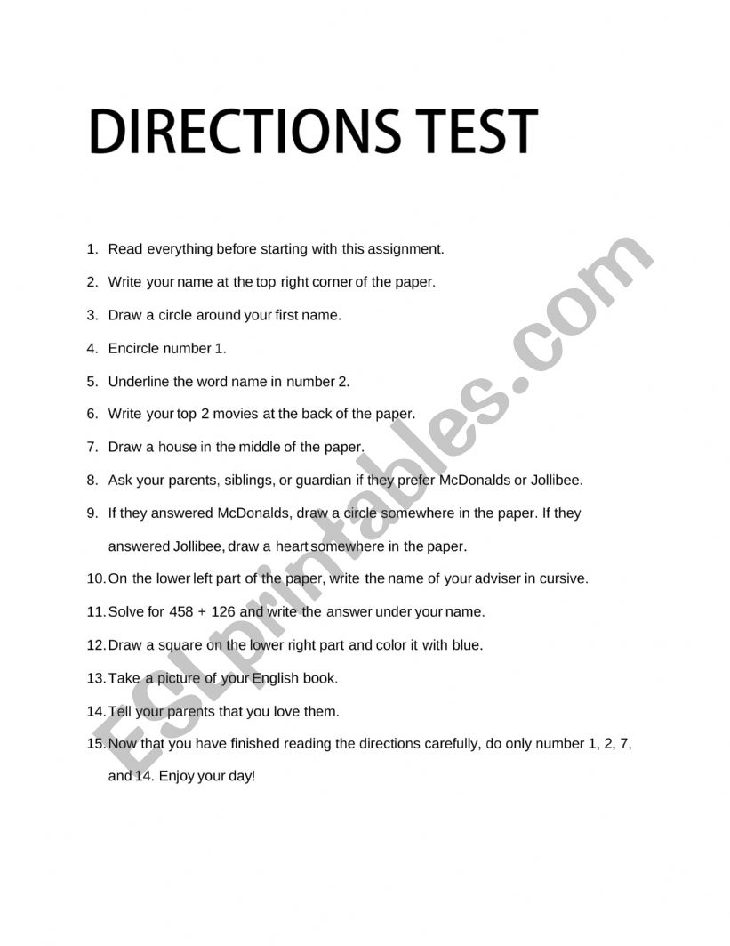 Directions Test worksheet