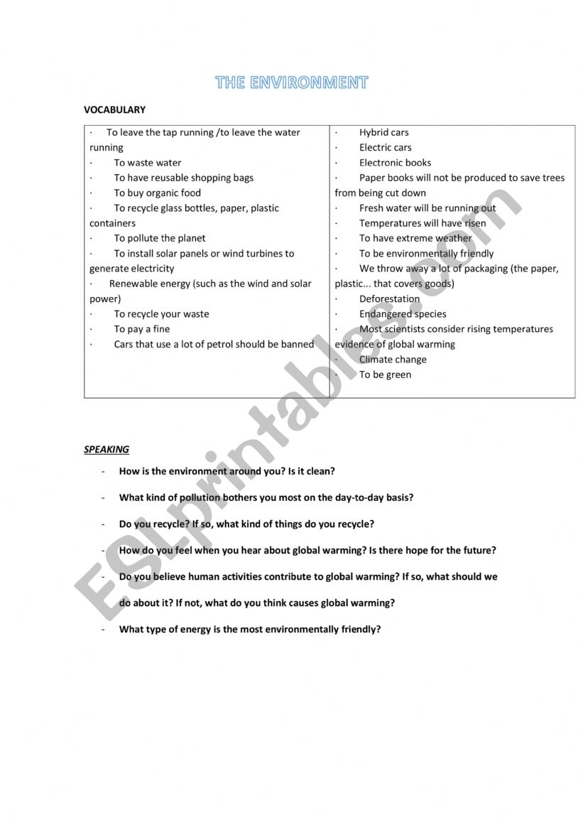 THE ENVIRONMENT worksheet