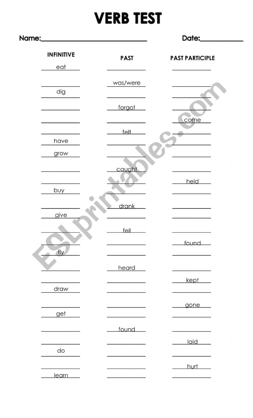 verb test worksheet