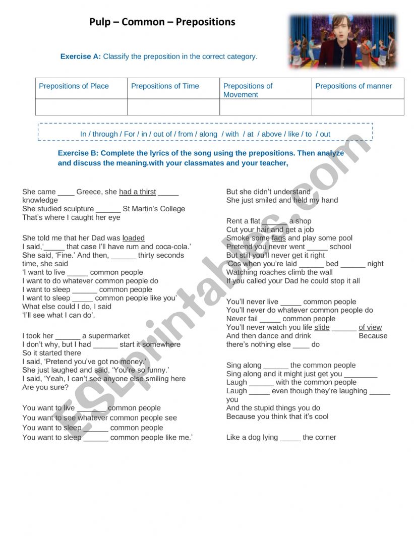 Pulp Common - People Worksheet - Prepositions