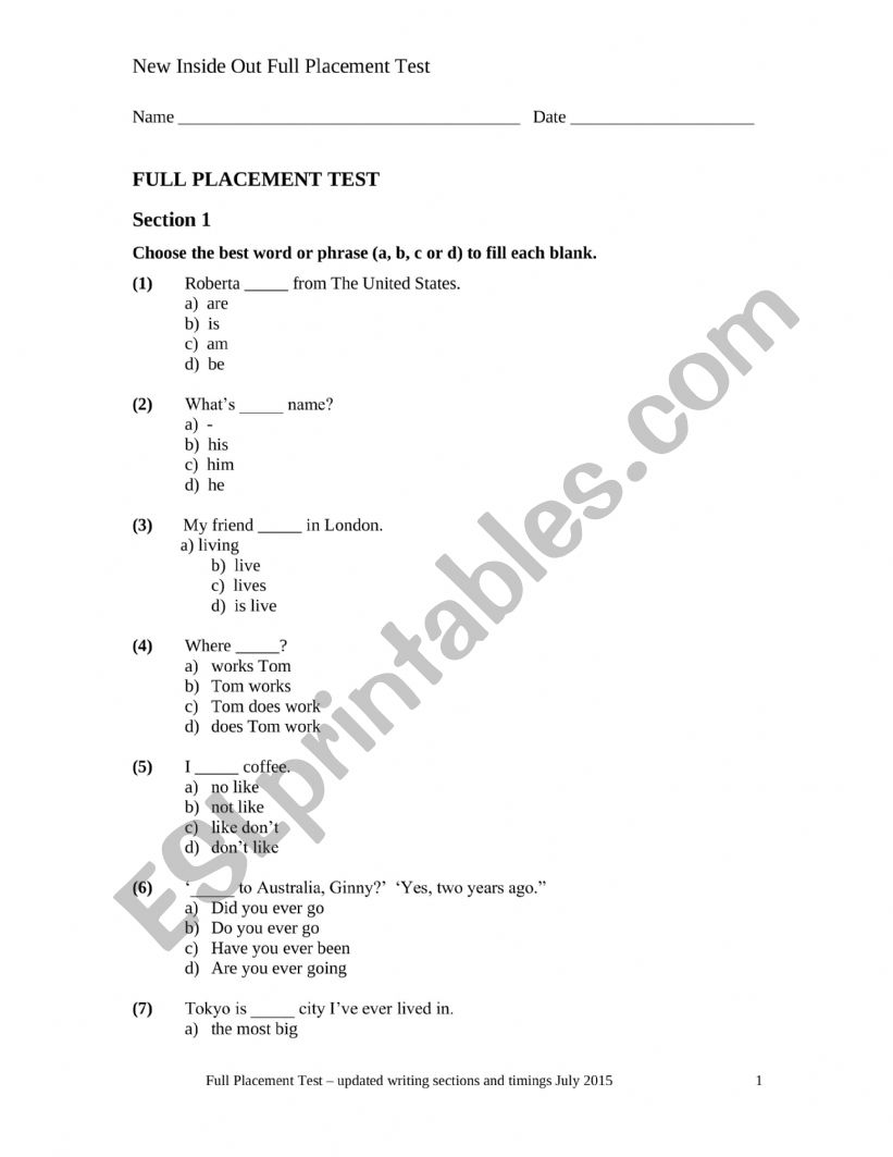 placement test worksheet