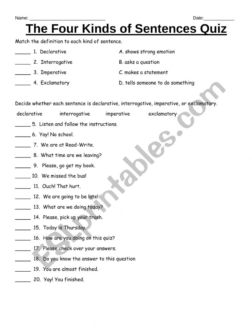 4 Kinds Of Sentences Quiz