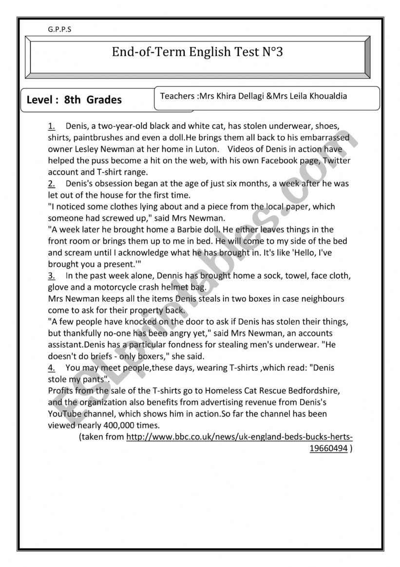 End - of -Term Test worksheet