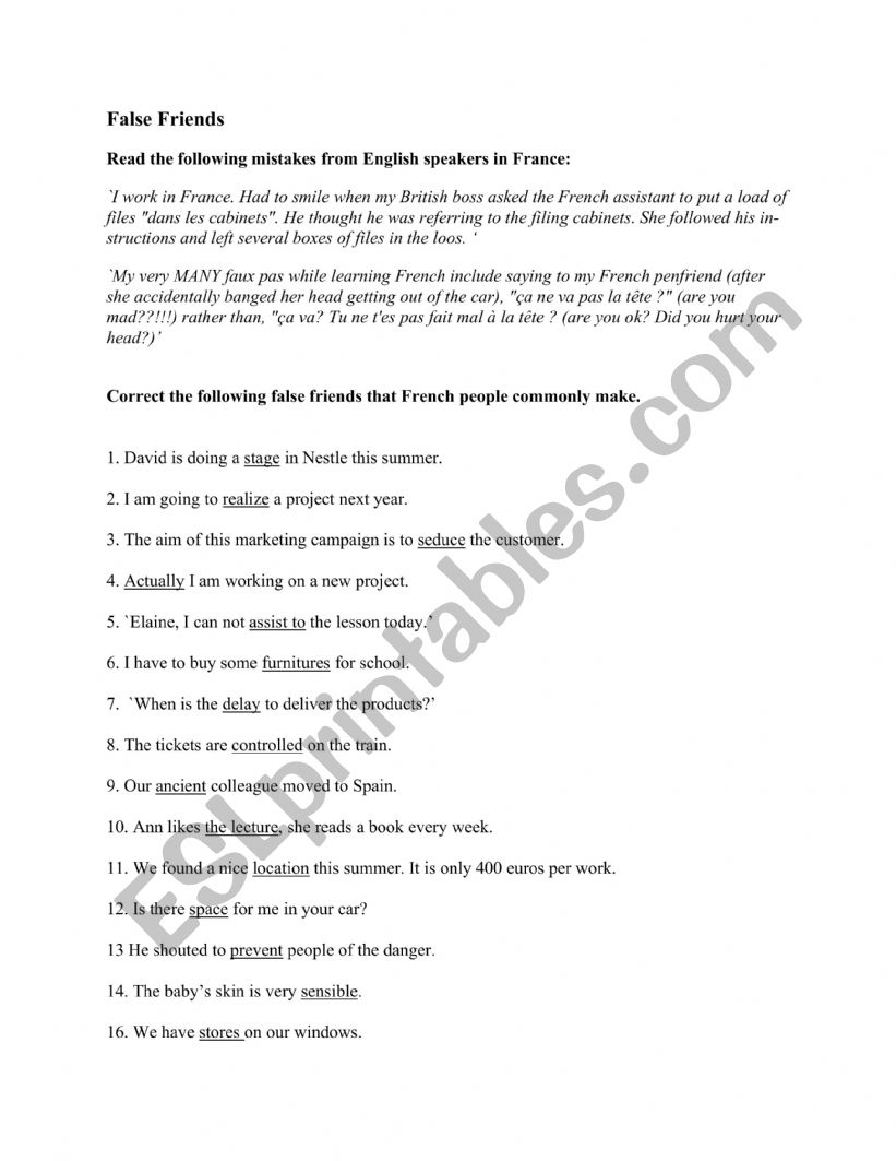 False Friends worksheet