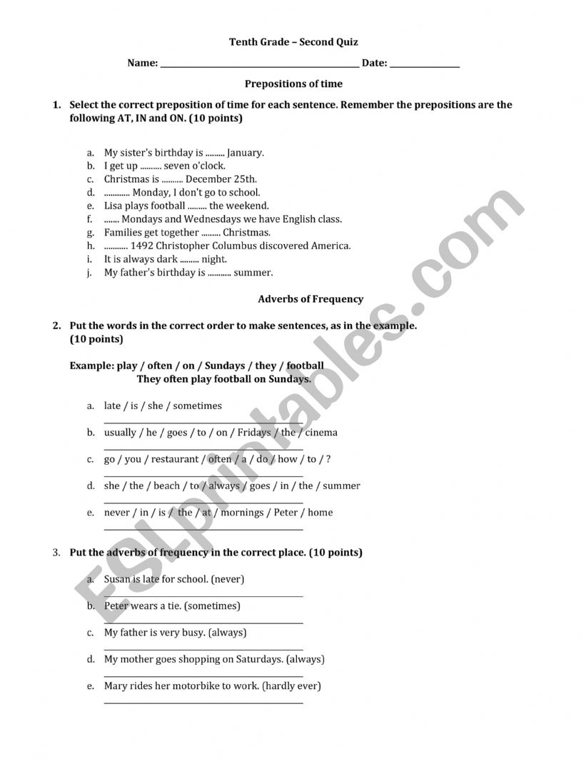 Exam 10th Grade worksheet