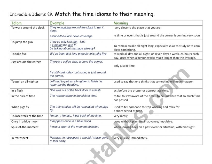 Time Idioms worksheet