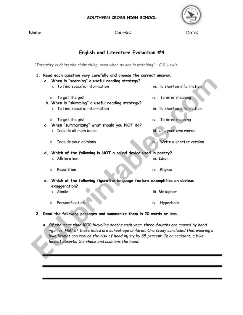 Poetry Evaluation worksheet