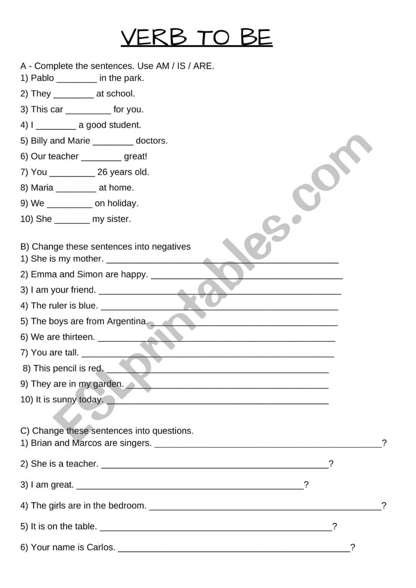 VERB TO BE worksheet