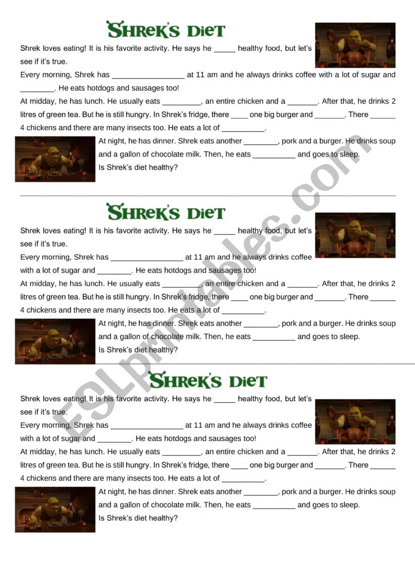 Shrek�s diet worksheet