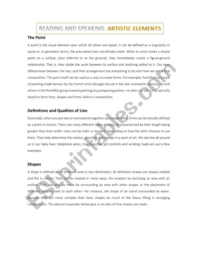 artistic elements worksheet