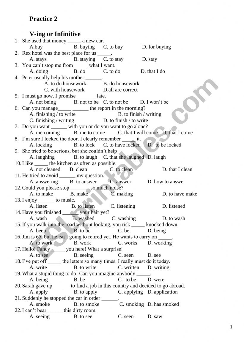 Gerund - Infinitive worksheet