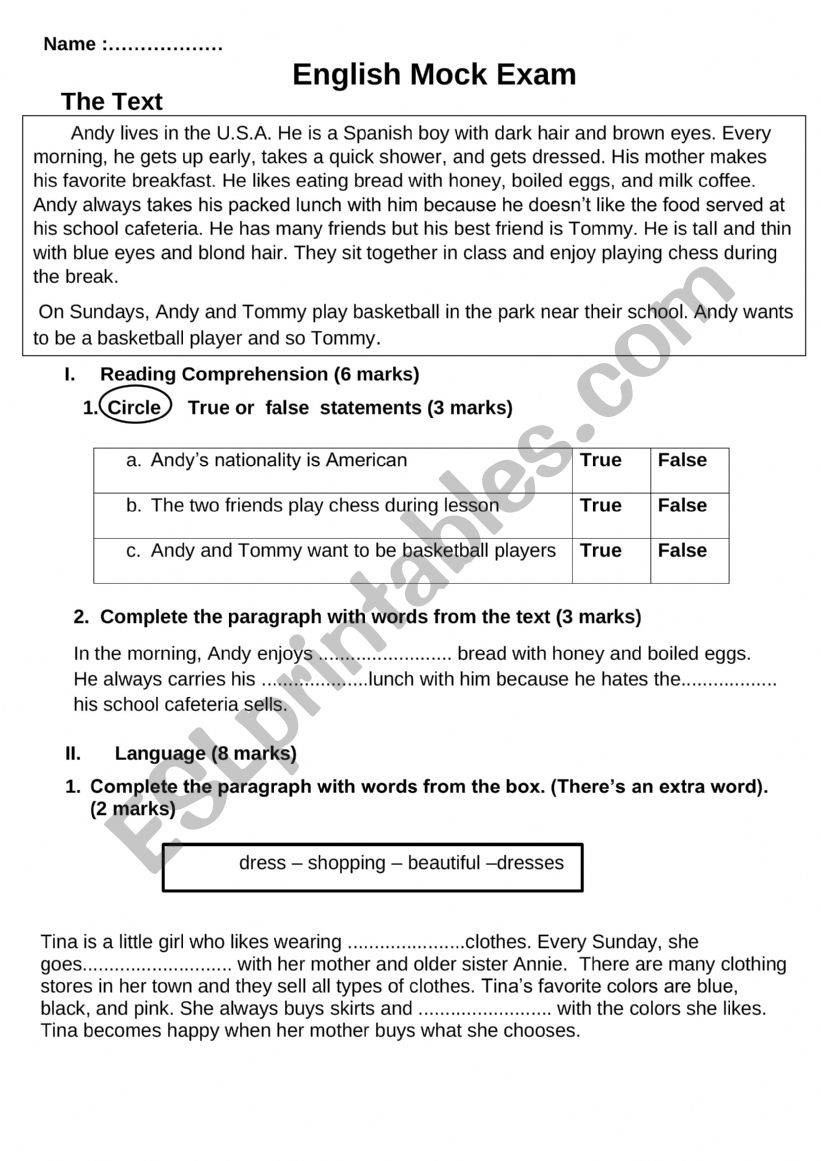 A mock exam for 6th year Tunisian pupils