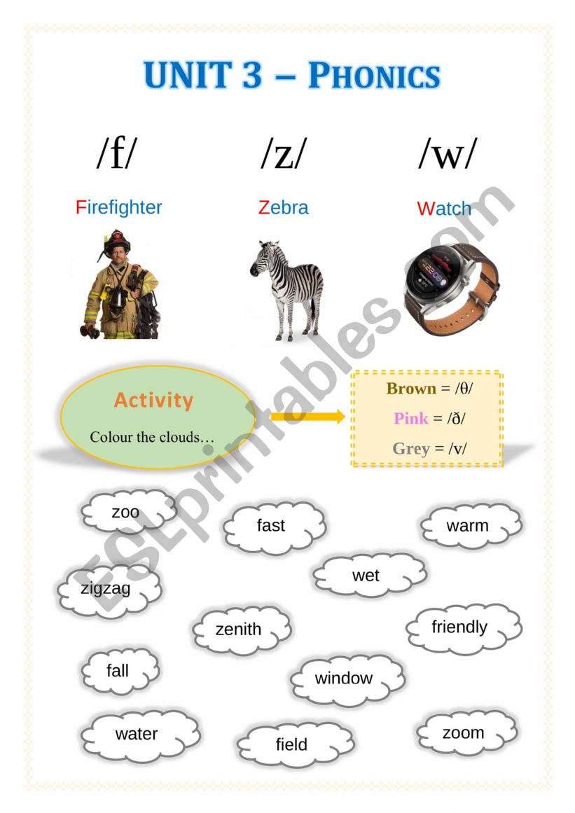 Phoneme Worksheet /f/, /z/ and /w/