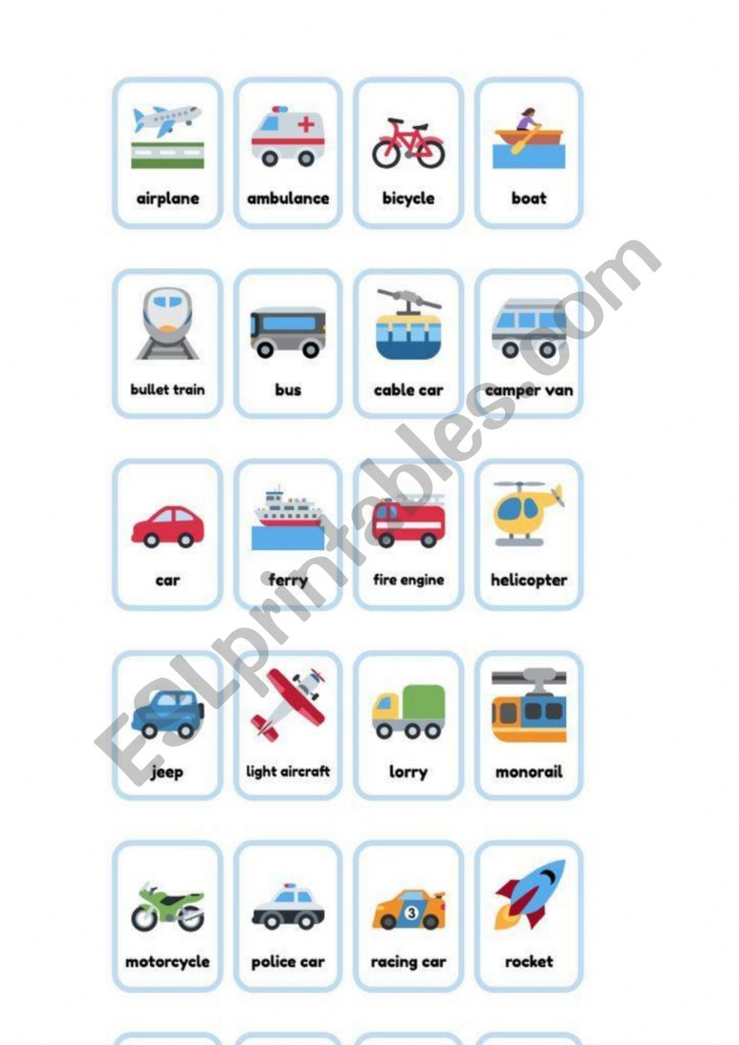 Transport flashcards worksheet