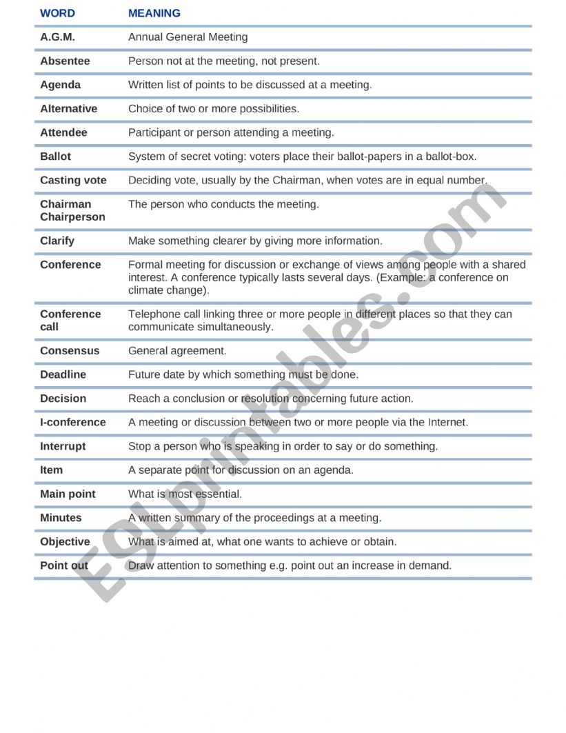 MEETING VOCABULARY worksheet