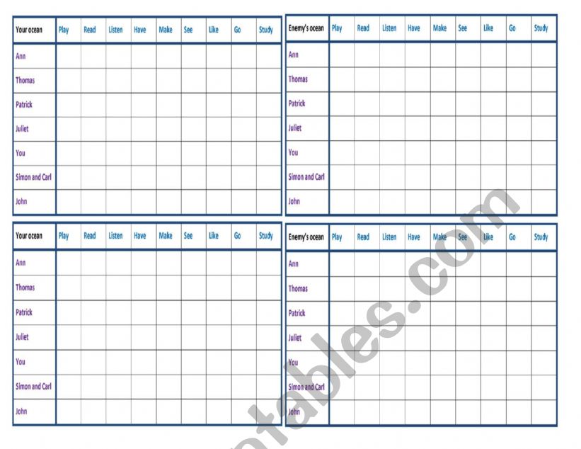 battle ship  worksheet