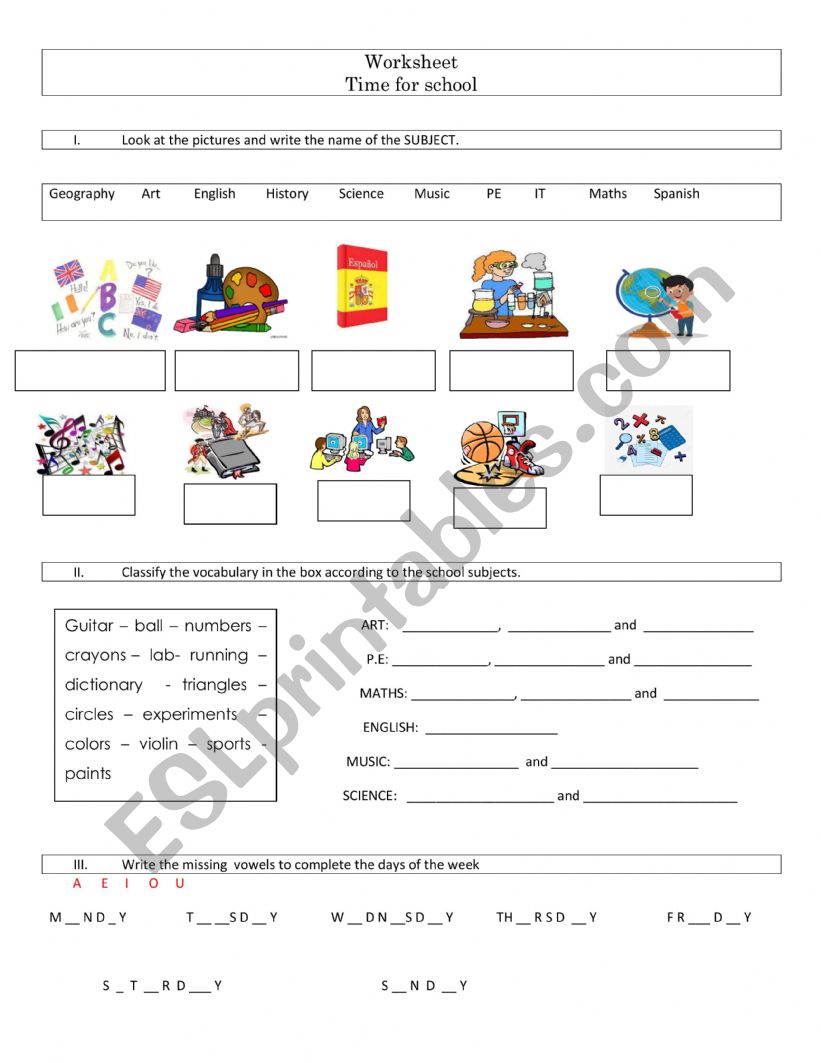 School subjects worksheet