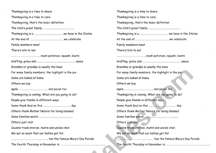 Thanksgiving rap worksheet