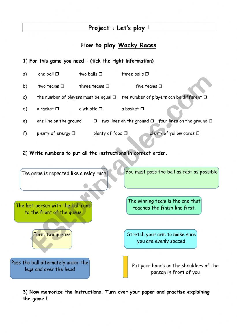 How to play Wacky Races worksheet