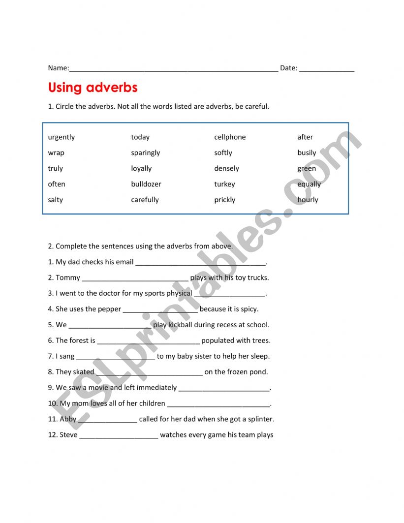 Adverbs Exercise worksheet